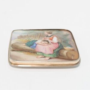Antique large enamel painting brooch in 10 k gold